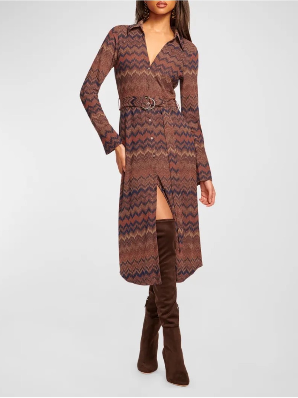 Ramy Brook Brown Chevron Belted Midi Shirt Dress